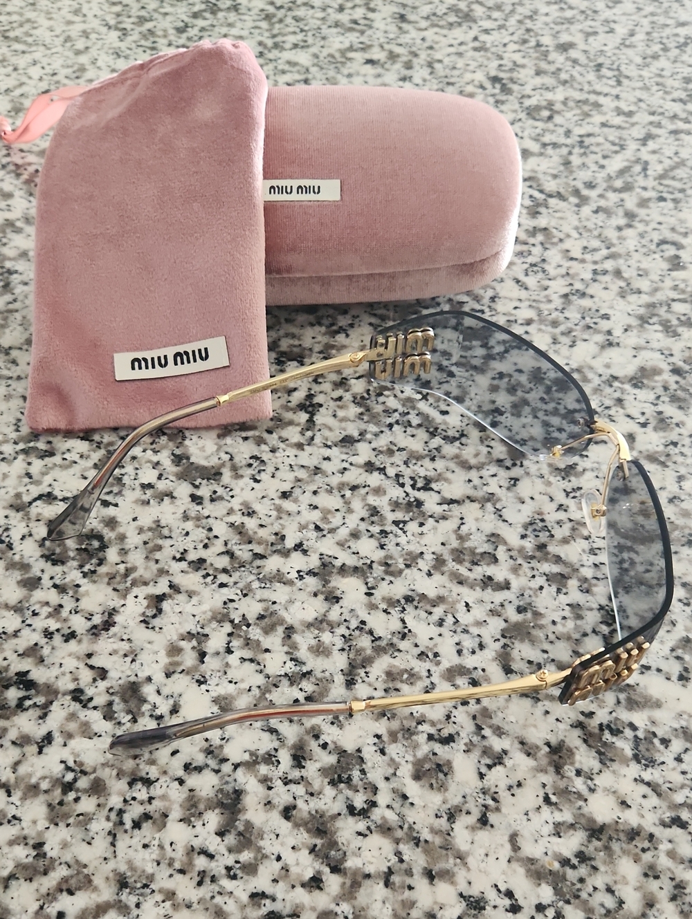 Miu Miu Gold and Black Rimless Sunglasses with Pink Velvet Case